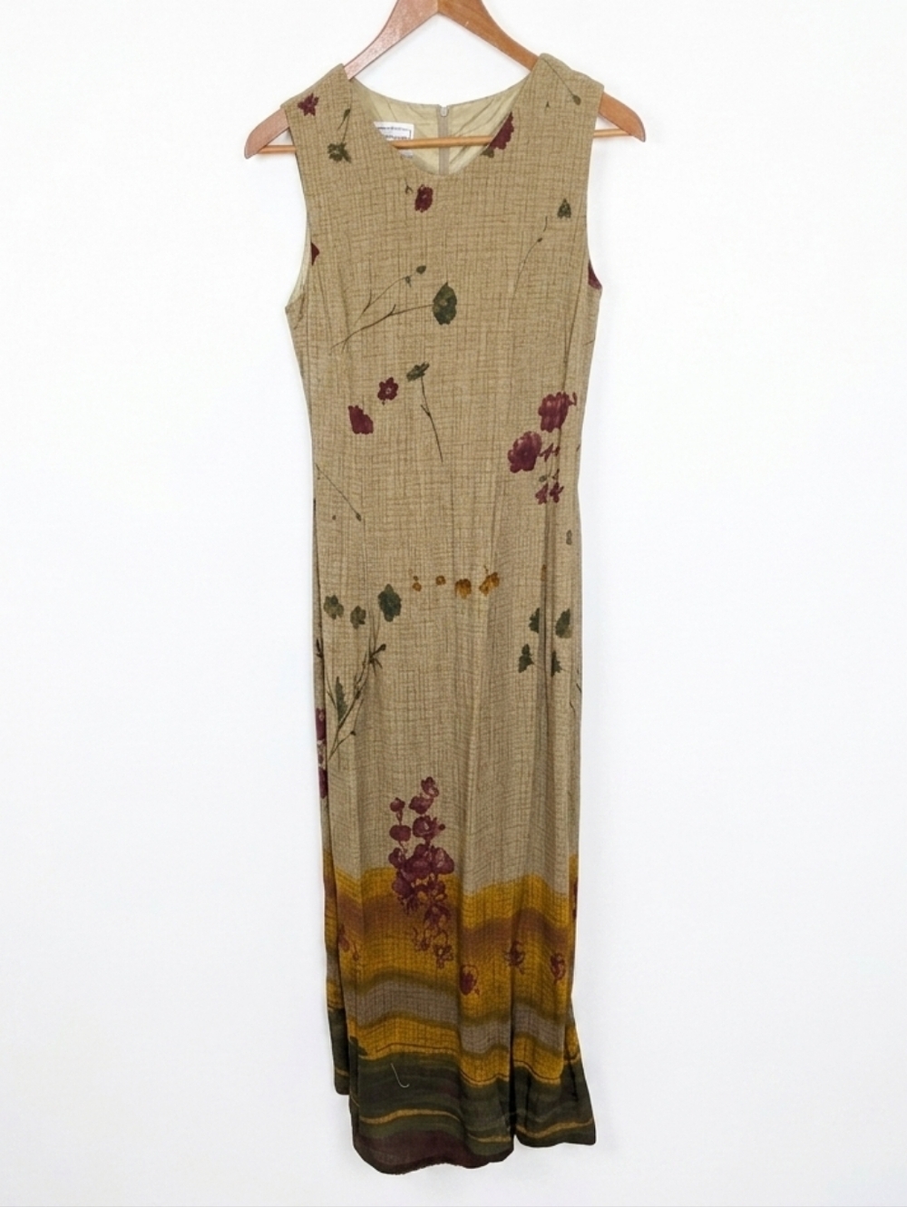 Vintage karin stevens Beige Floral Border Maxi Dress